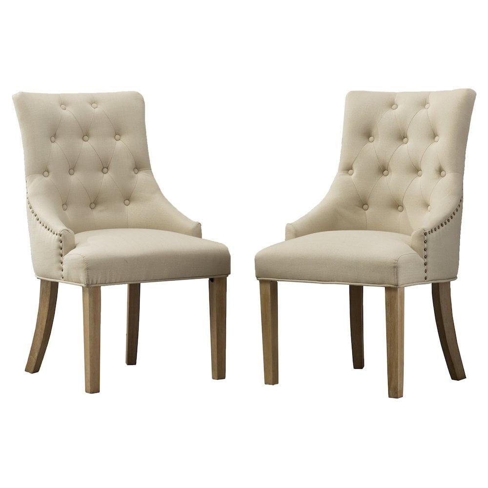 Tan Button Tufted Solid Wood Wingback Hostess Chairs with Nail Heads Set of 2