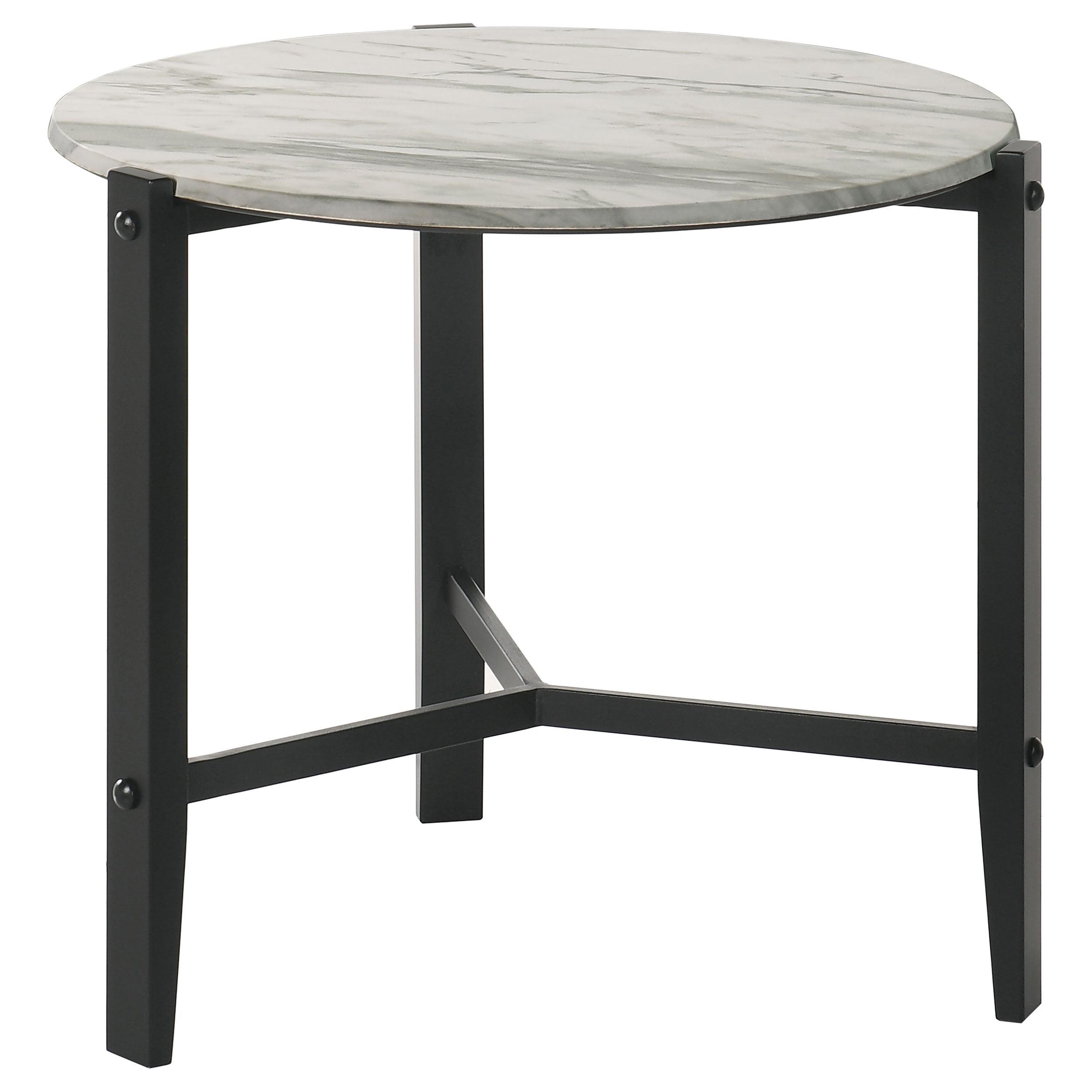 Round White Faux Marble and Black Metal End Table