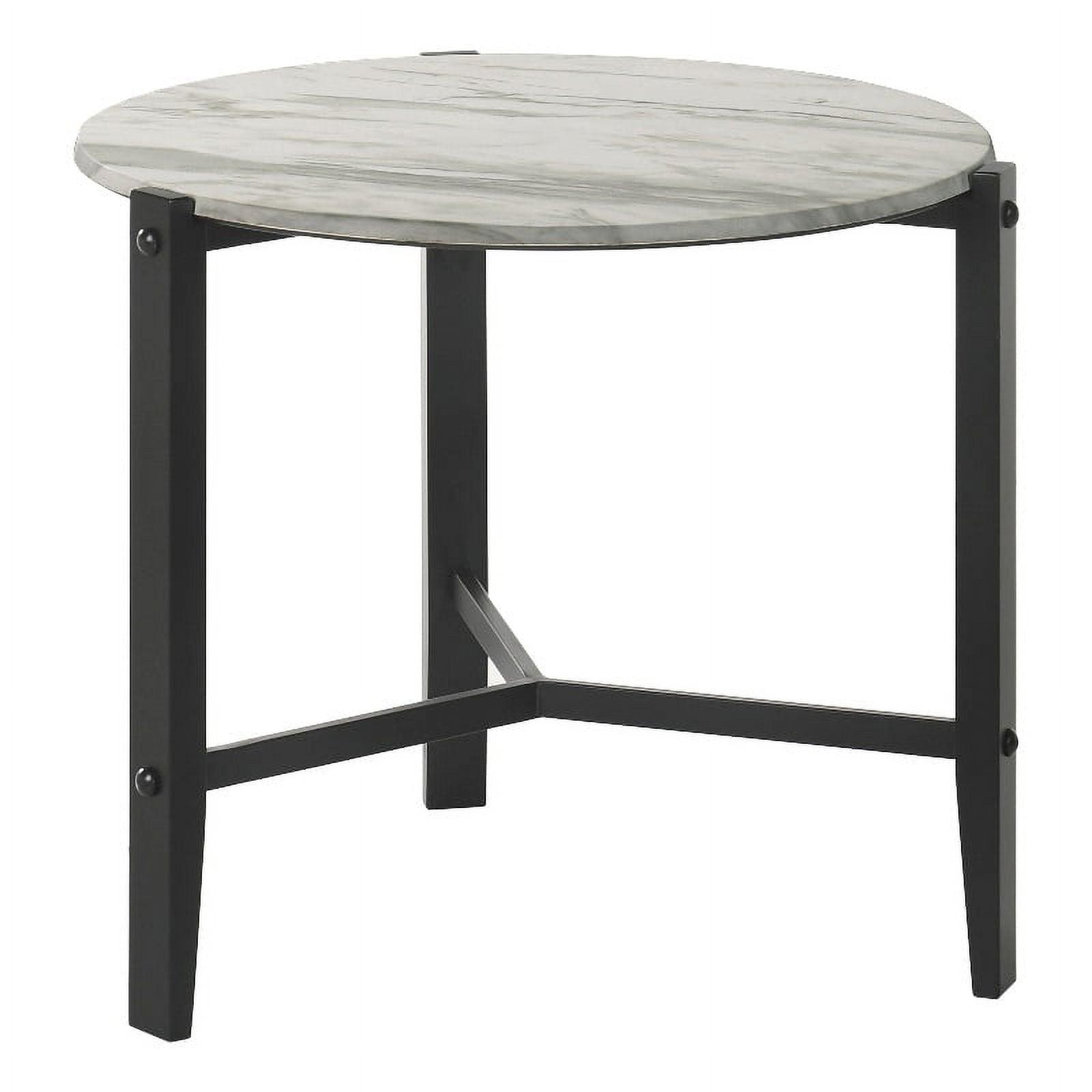 Round White Faux Marble and Black Metal End Table