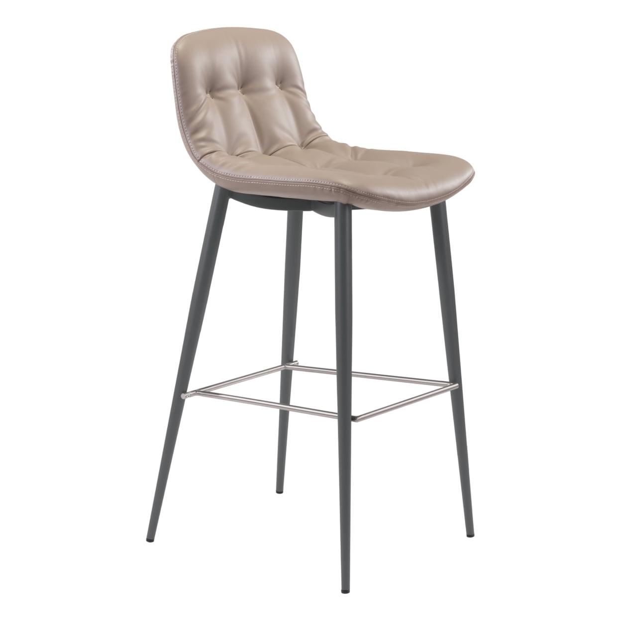 Transitional Taupe Tufted Leather Bar Stool with Metal Legs