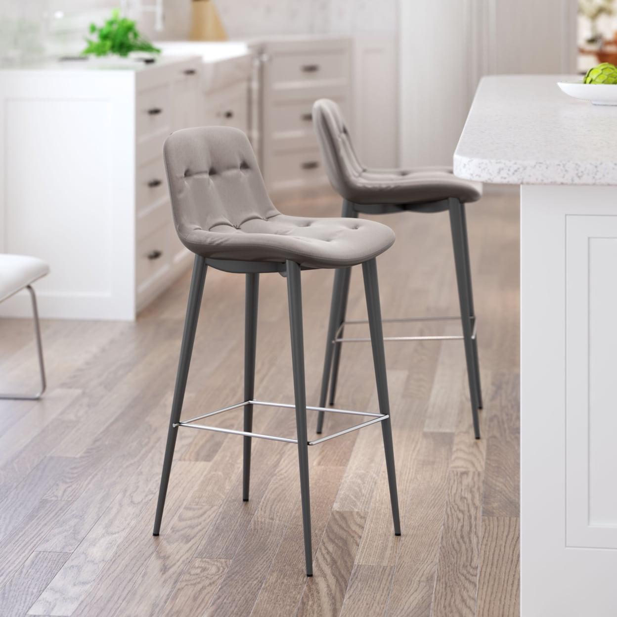 Transitional Taupe Tufted Leather Bar Stool with Metal Legs
