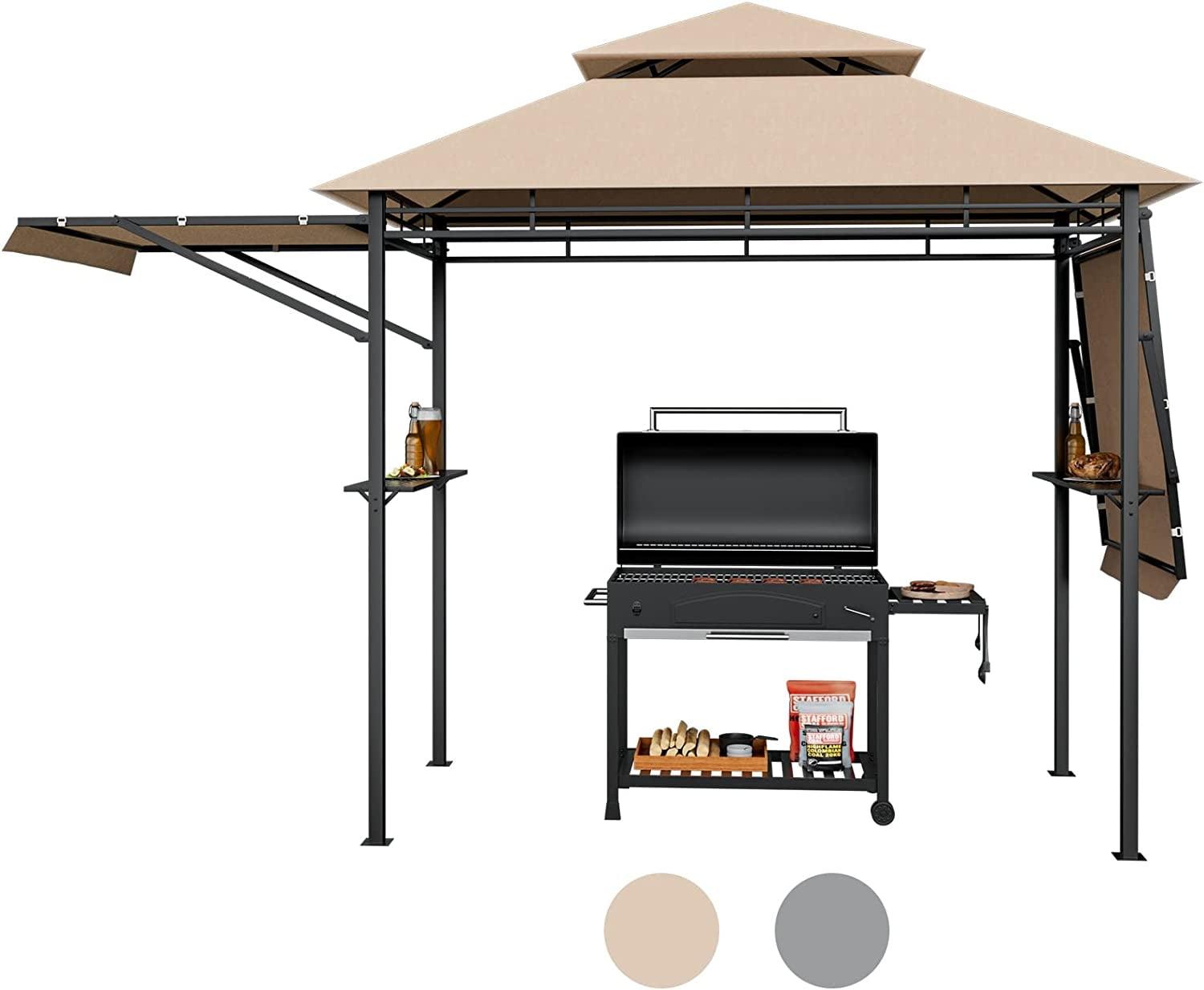 Beige and Black Steel Grill Gazebo with Side Awnings