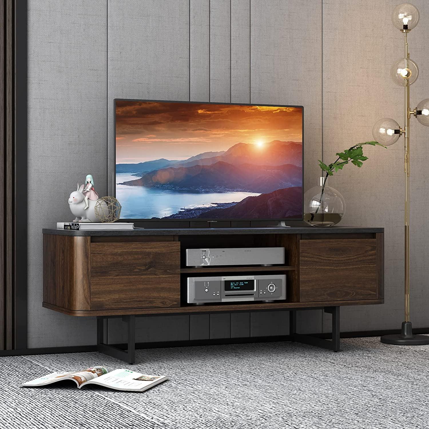 Walnut Brown and Black MDF TV Stand with Cabinets