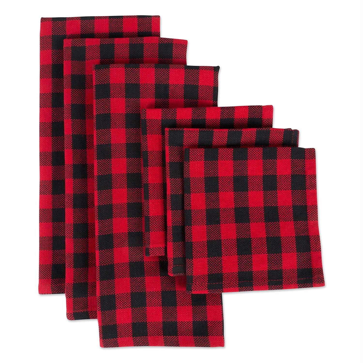 Red and Black Checkered Cotton Dishtowel and Dishcloth Set, 6 Pieces