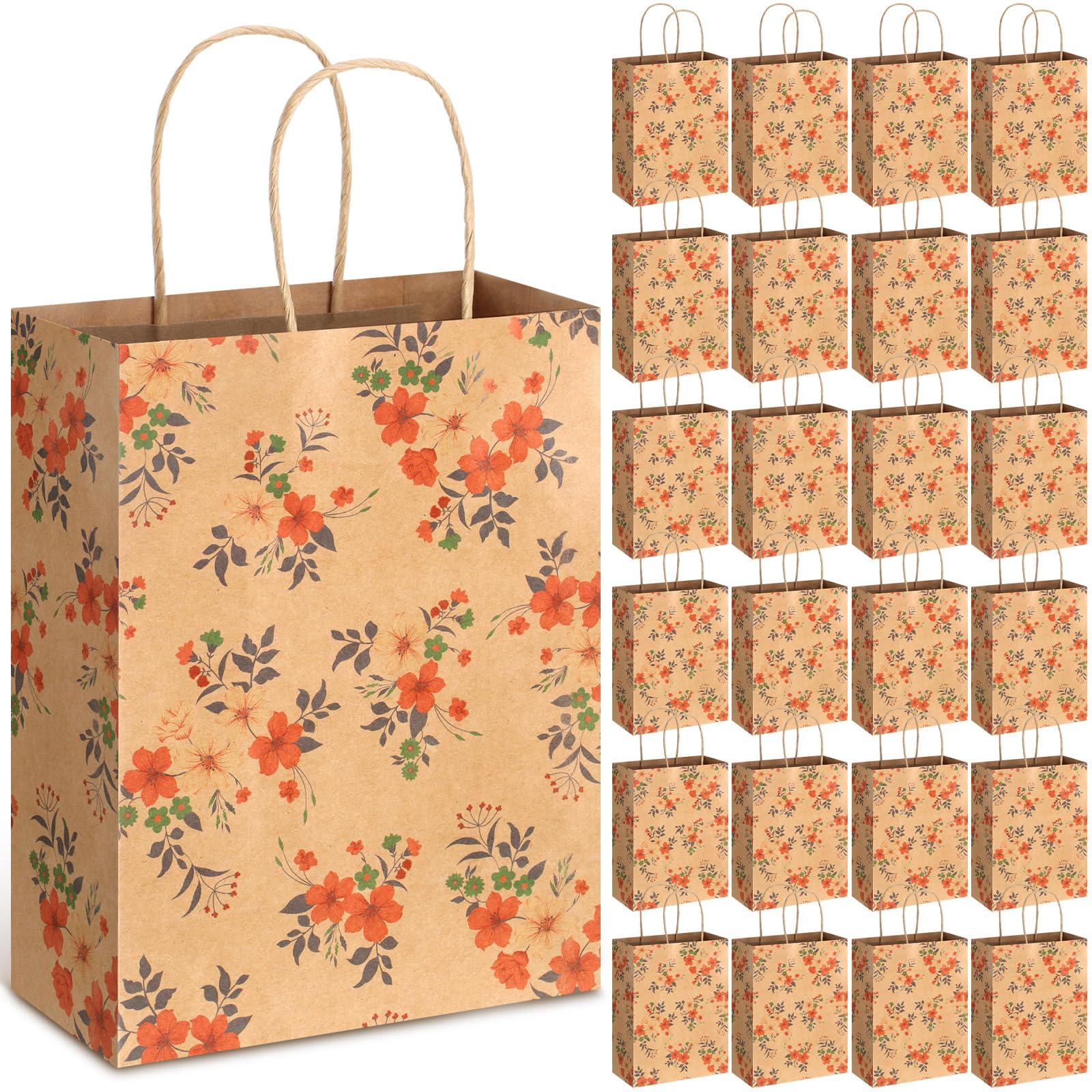 Juvale 24 Pack Kraft Paper Floral Gift Bags with Pink Ribbon Handles, 8x4x9 Inches, 2 Designs, For Themed Party Favors