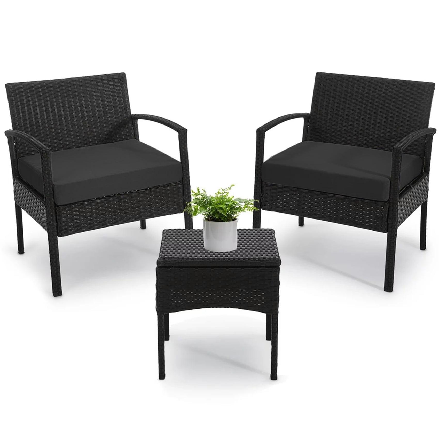 Tappio Outdoor Furniture 3 Piece Patio Bistro Furniture Set, Rattan Conversation Chairs Set with Side Table and Cushions, Patio Furniture Sets for Balcony Garden Porch, Black