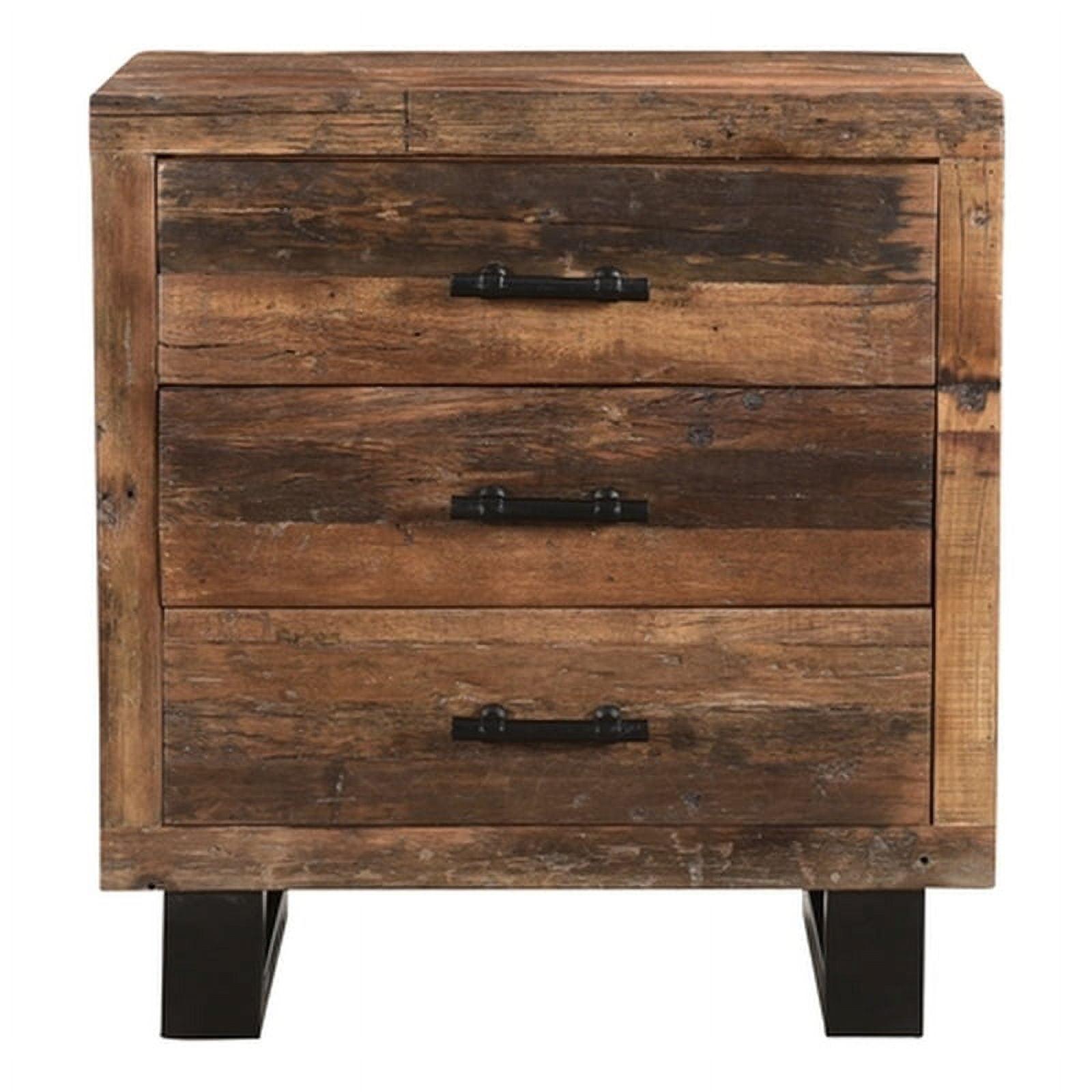 Rustic Brown and Black Distressed Solid Wood Nightstand with 3 Drawers
