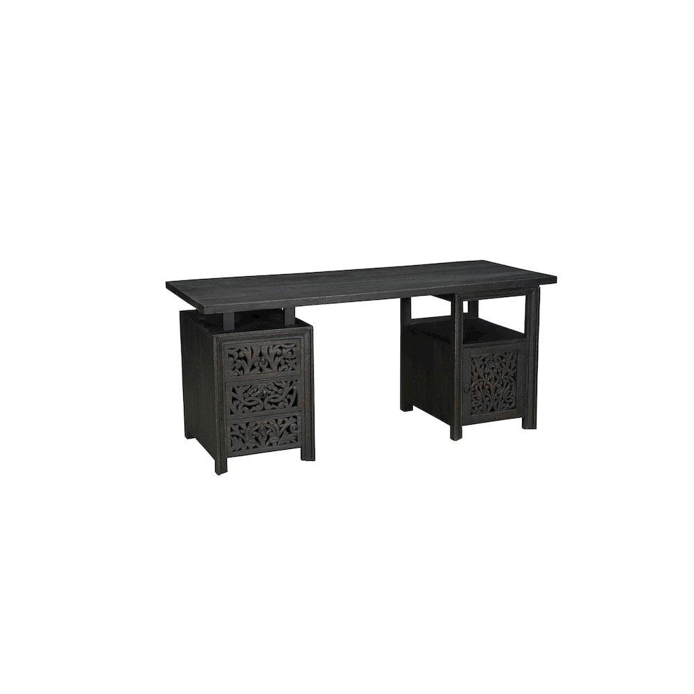 Taran Designs Fillian 3-drawer 1-door Floral Carved Solid Wood Desk in Black