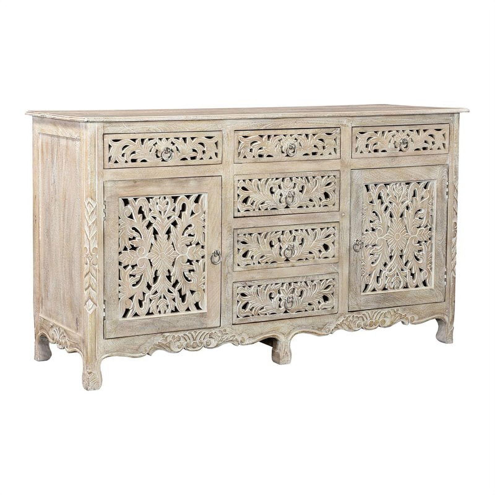 Artisanal White Carved 66" Mango Wood Sideboard with Metal Accents