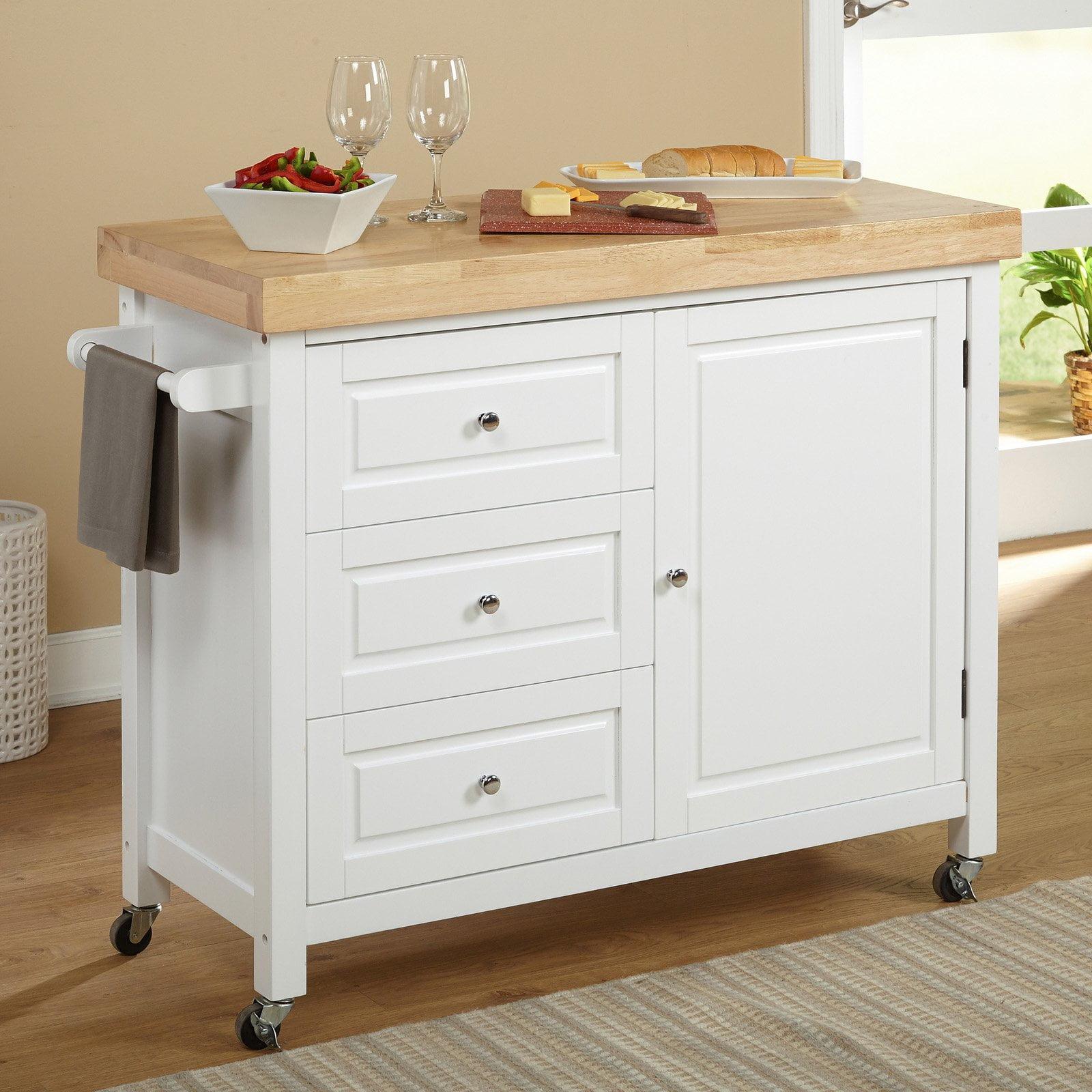 Buylateral Monterey Kitchen Cart White: Rubberwood Serving Cart with Towel Bar & Locking Wheels