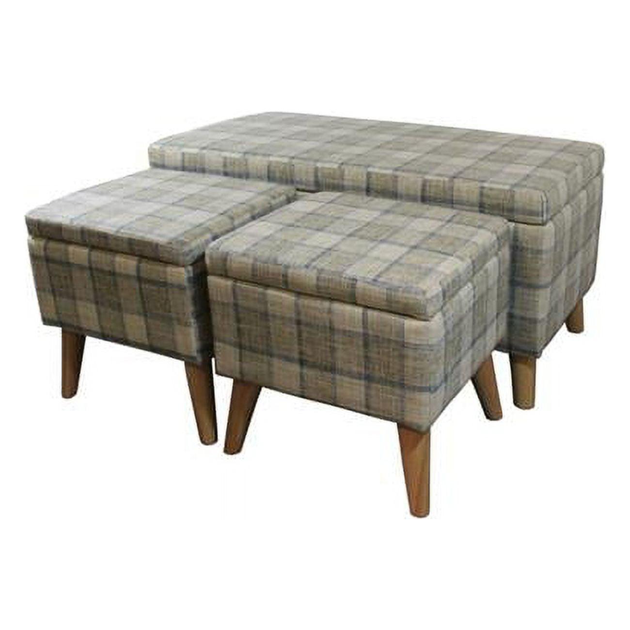 Taupe & Blue Plaid Upholstered Storage Bench & Ottoman Trio