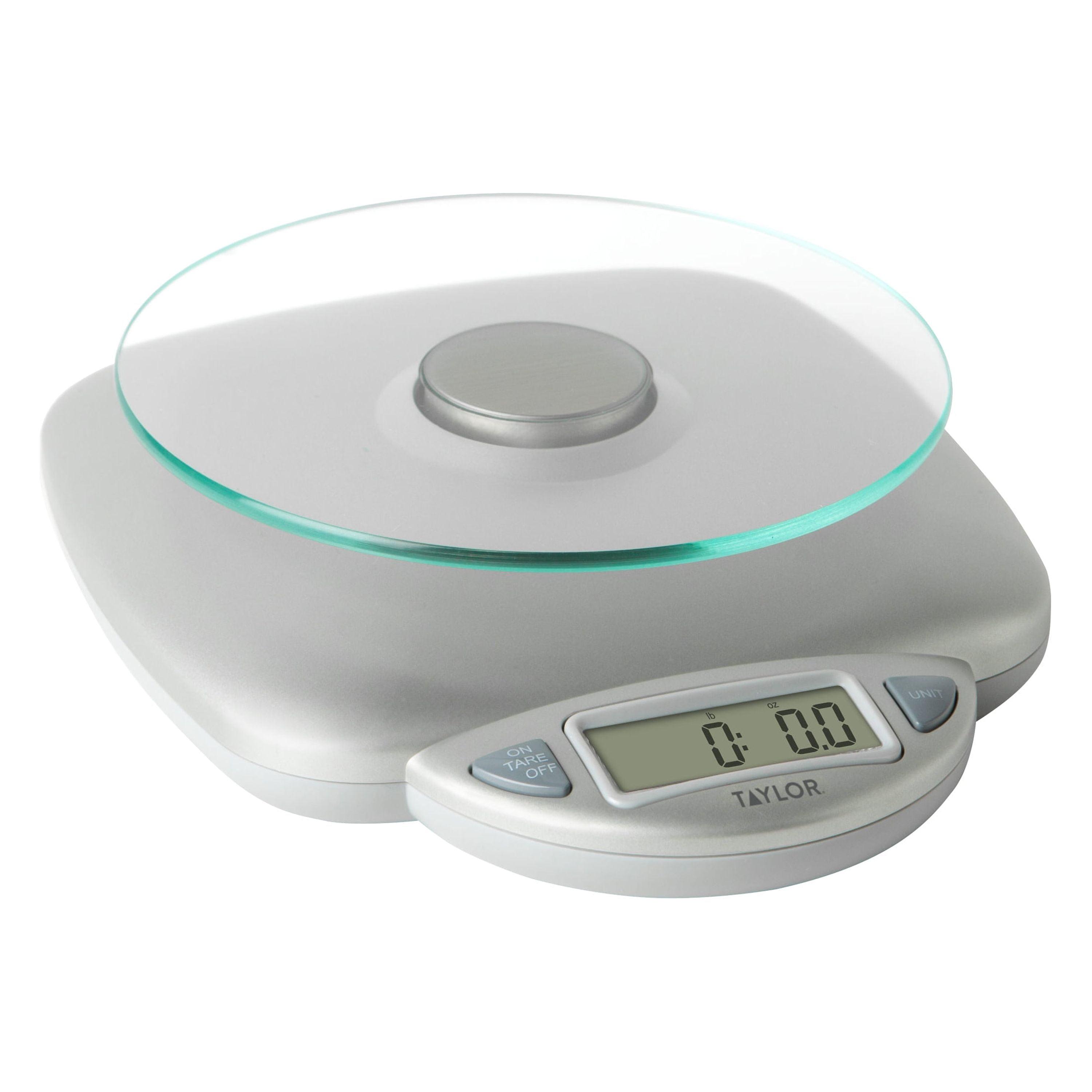 Taylor 11lb Glass Platform Digital Food Scale: Kitchen Scale with LCD Display, Silver, Battery Included