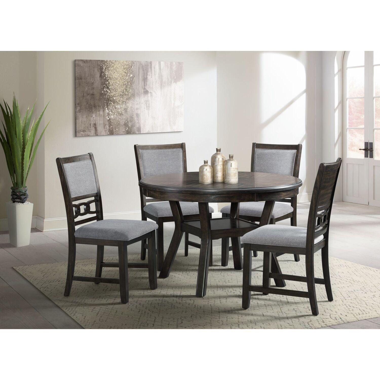 Walnut Round Table with Gray Upholstered Chairs Dining Set