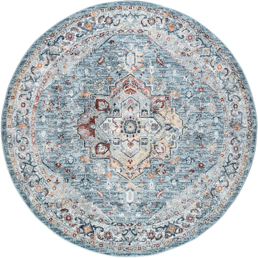 Veranda Modern 5.25' Round Gray Blue Synthetic Area Rug