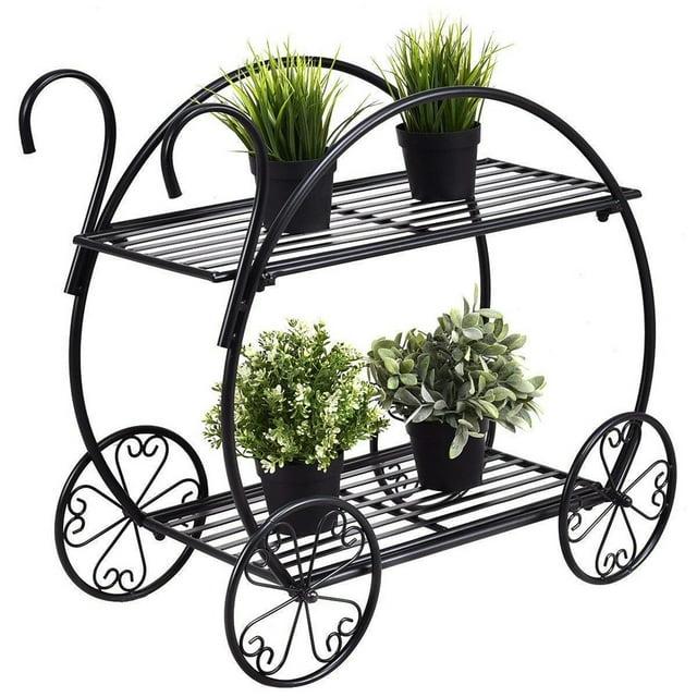 Tcbosik 2-Tier Plant Stand, Flower Pot Plant Holder with Metal Frame, Parisian Style Display Rack for Home, Garden, Patio, Black