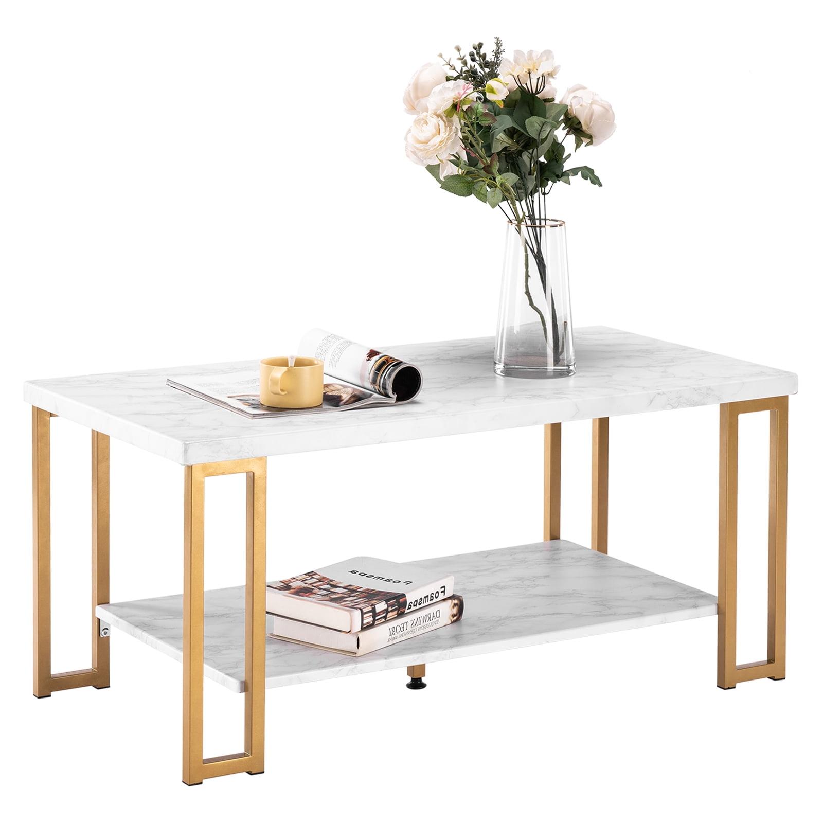 White and Gold Rectangular Faux Marble Coffee Table with Storage Shelf