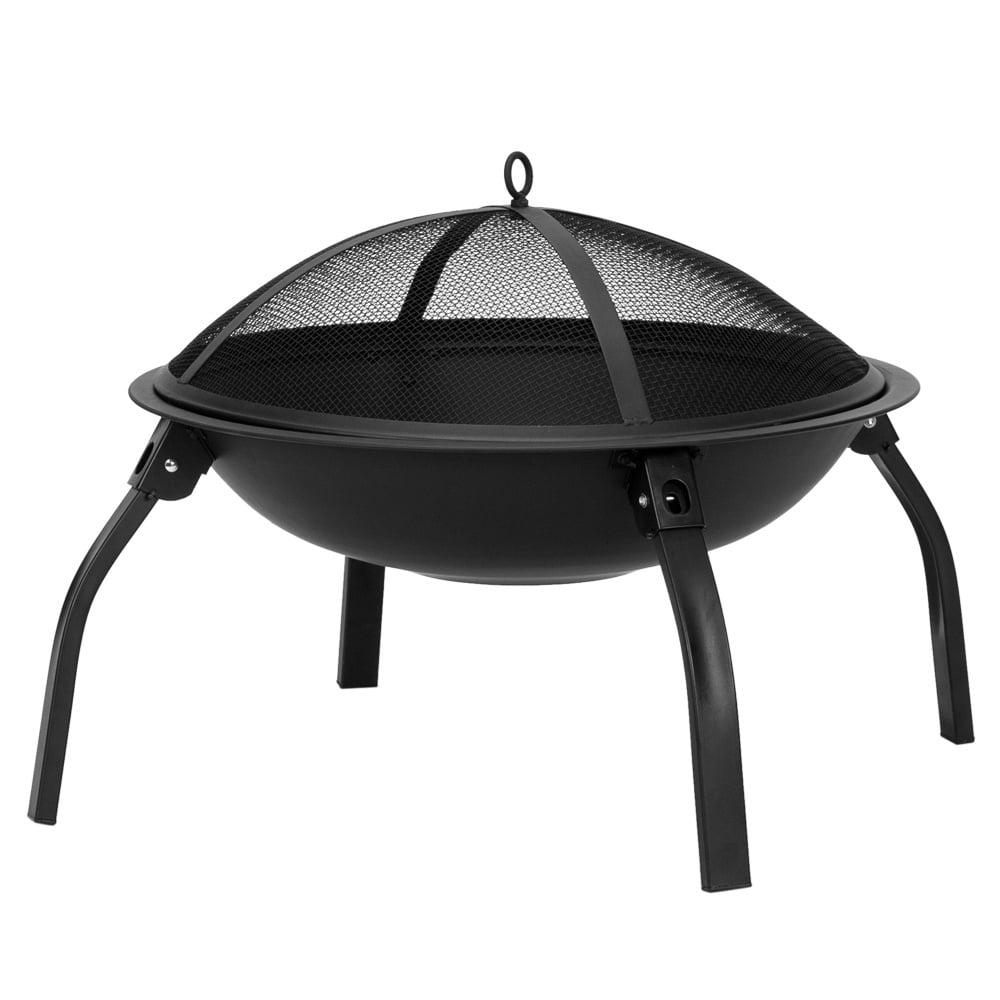 22" Black Iron Wood Burning Fire Pit with Folding Legs