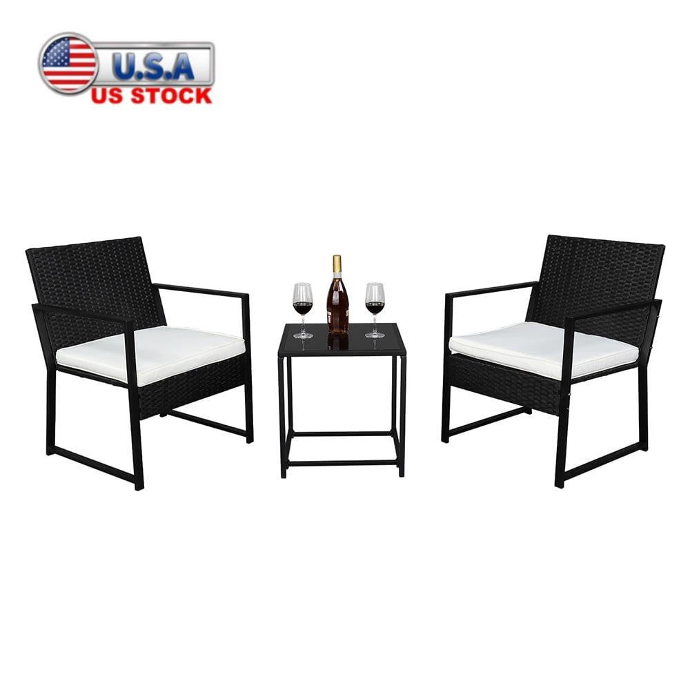 Black Steel and Wicker 3-Piece Patio Bistro Set with Beige Cushions