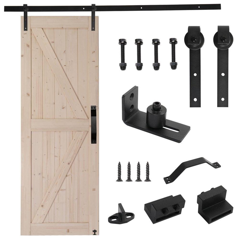 Tcbosik 30"x84" Unfinished Sliding Barn Door with 5.5FT Barn Door Hardware Kit & Handle, K Frame， Solid Spruce Wood，Requires Simple DIY Assembly