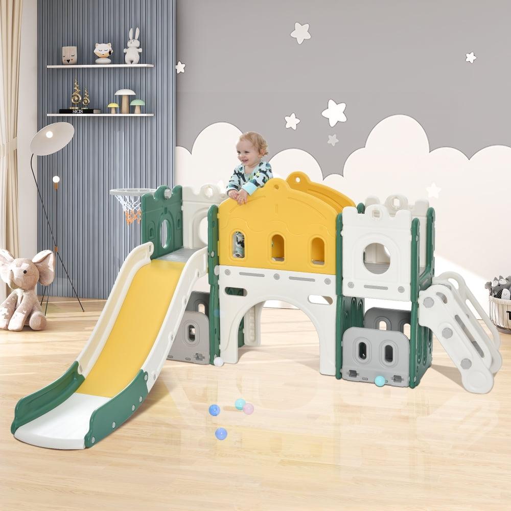 Green and Yellow Castle-Themed Kids Playhouse with Slide and Basketball Hoop