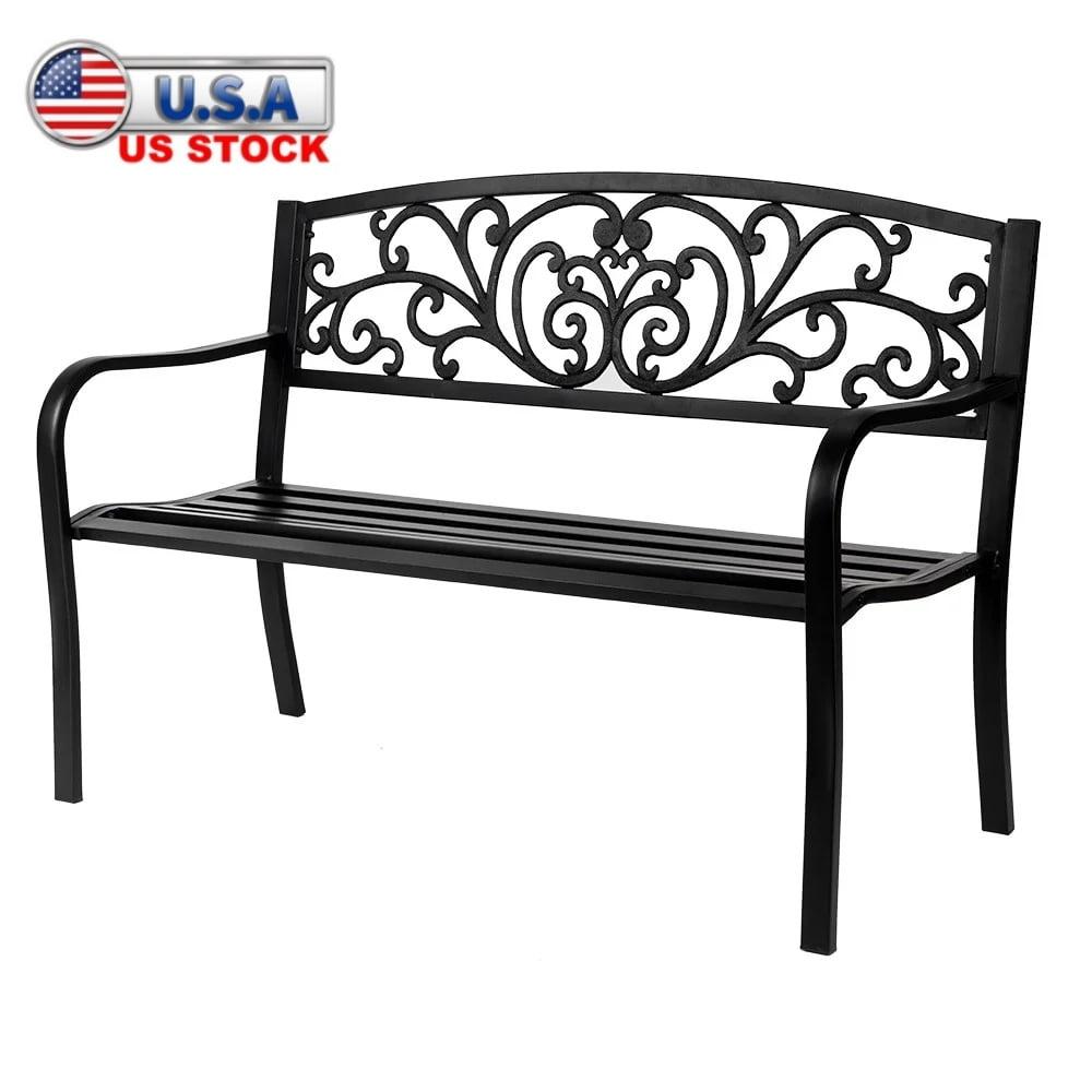 Best Choice Products Outdoor Steel Bench Garden Patio Porch Furniture w/ Floral Design Backrest, Slatted Seat