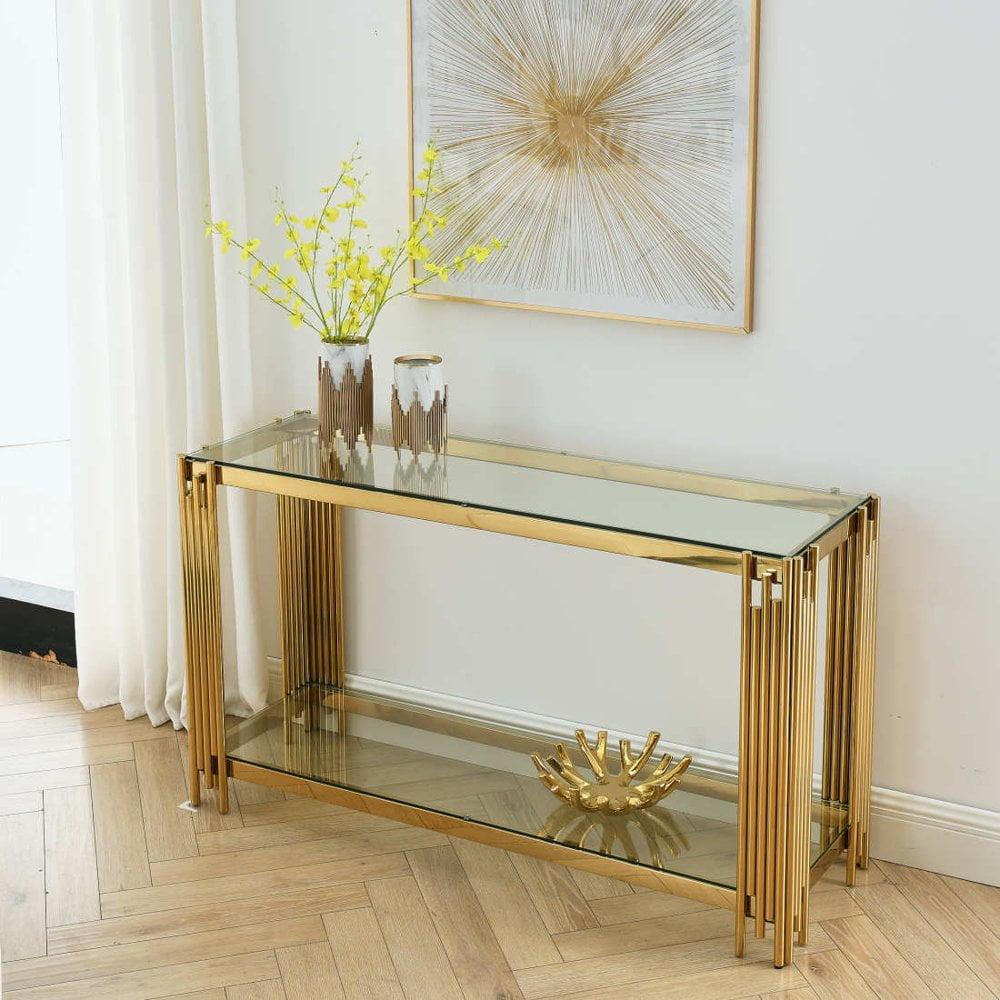 Modern Glass Console Table, 55" Gold Sofa Table with Sturdy Metal Frame and Clear Tempered Glass Top, for Living Room Entryway Bedroom, Gold Finish 00009