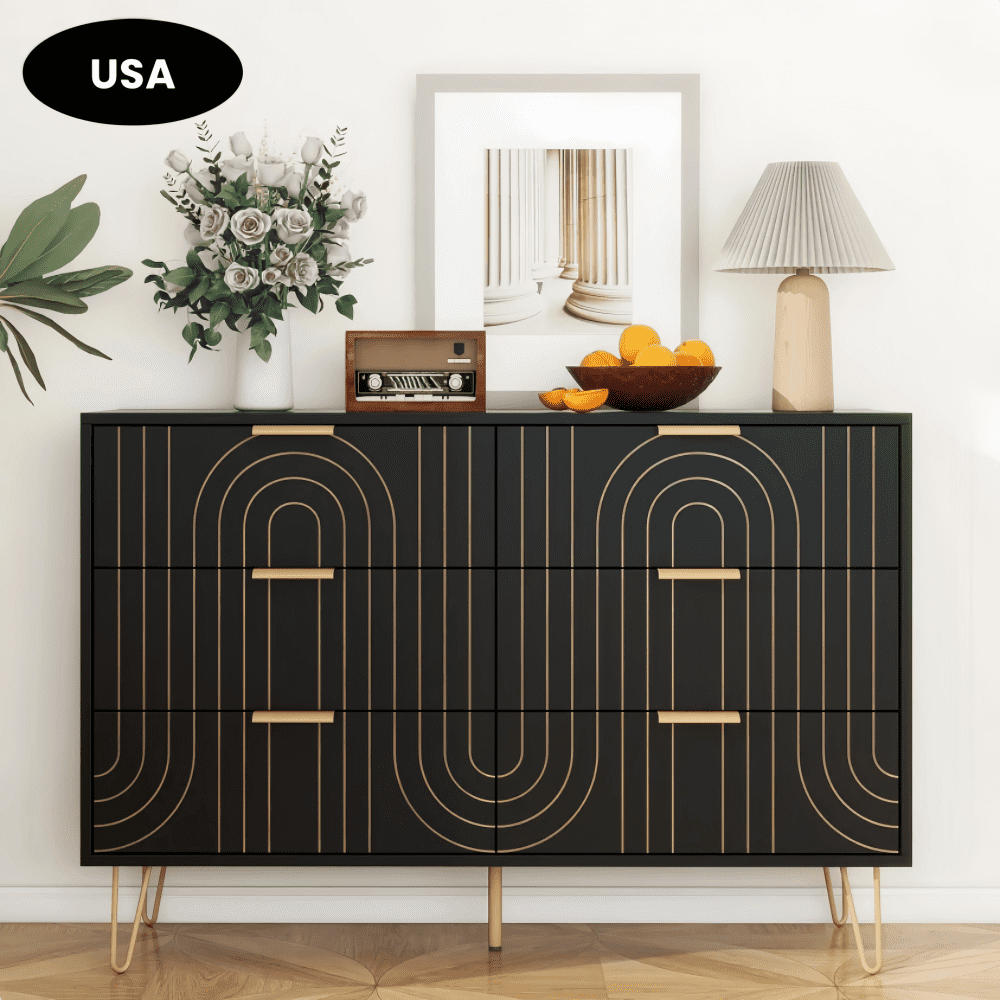 Gloriay Modern 6 Drawer Dresser For Bedroom, Wide Chest Of Drawers With Gold Metal Legs And Handles, Storage Organizer – Black