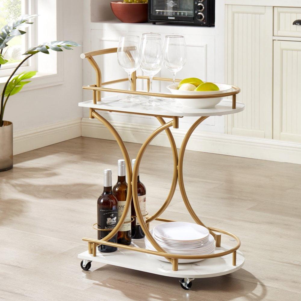 Golden Faux Marble 2-Tier Bar Cart with Wine Rack