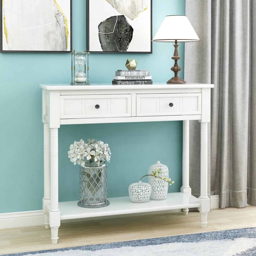 White Solid Wood Console Table with Storage Drawers and Shelf