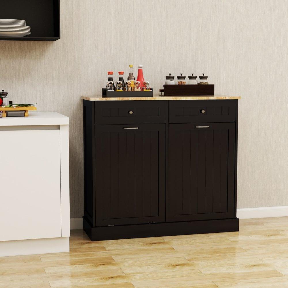 Two Drawers And Two-Compartment Tilt-Out Trash Cabinet Kitchen Trash Cabinet-Black