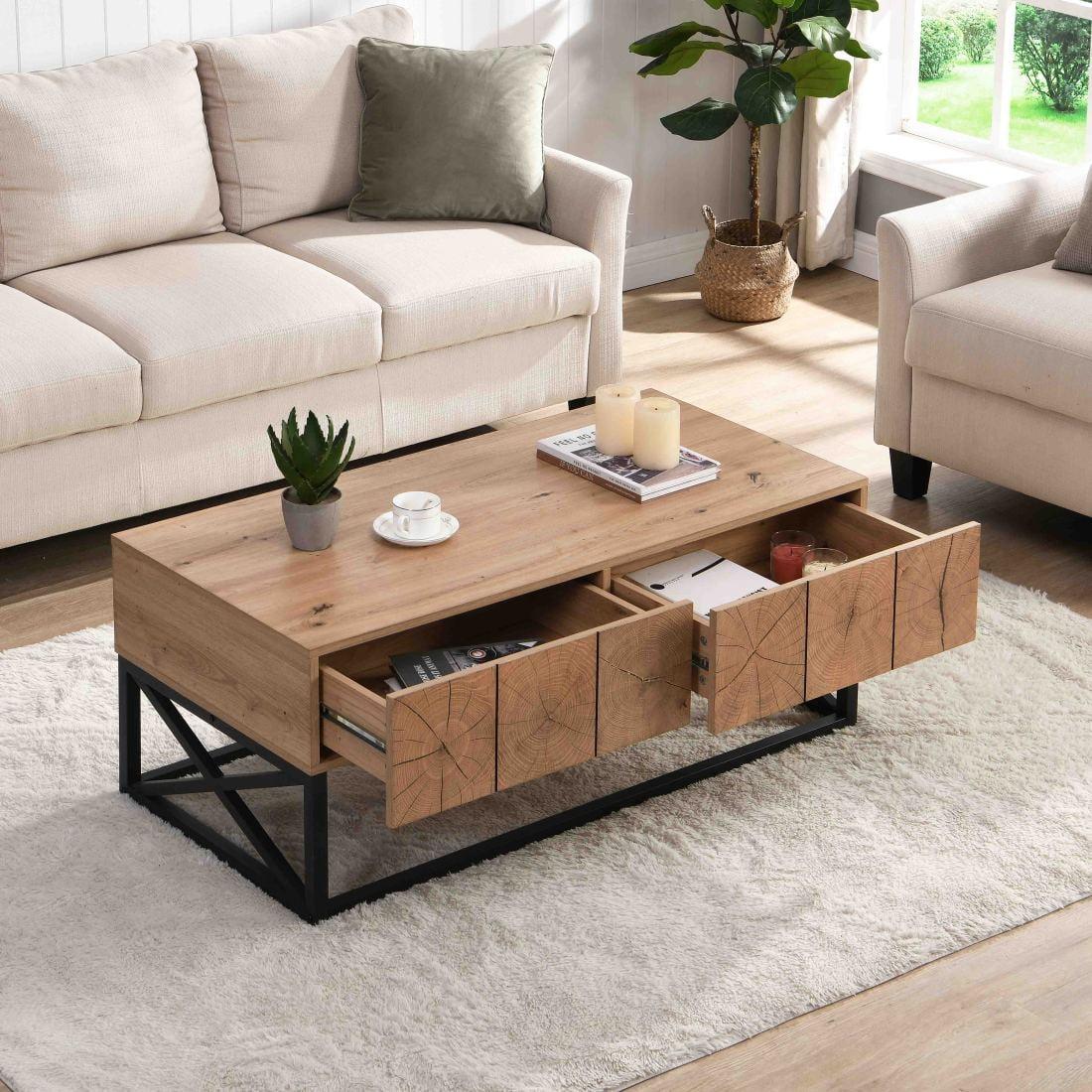 Natural Wood and Black Steel Coffee Table with Storage Drawers