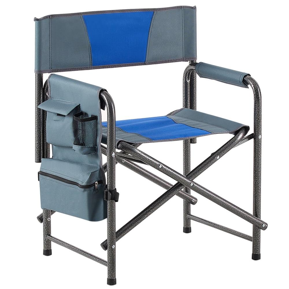 Blue and Grey Aluminum Folding Camping Chair with Storage Pockets