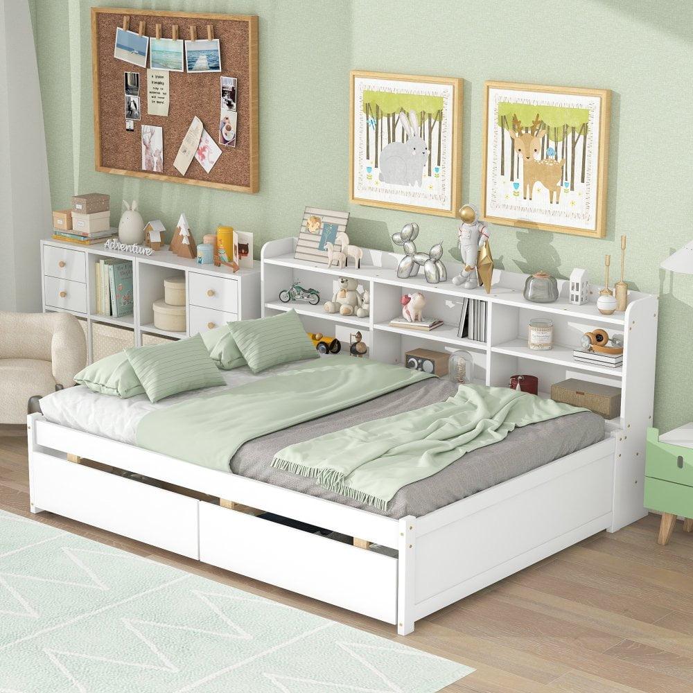 Tcbosik Full Size Wooden Bed with Bookcase and 2 Storage Drawers for Kids Adults, White