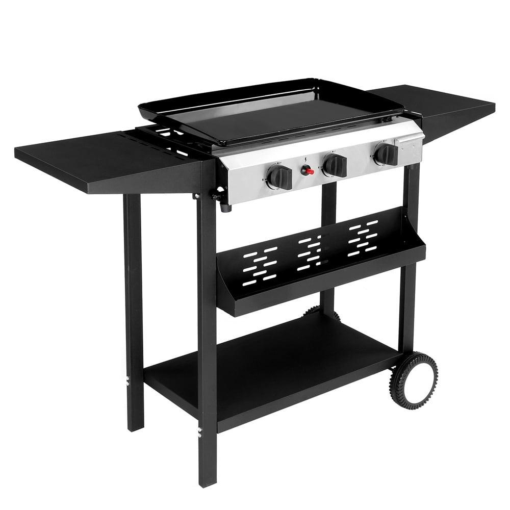 Black 3-Burner Propane Gas Griddle Cooking Station with Folding Shelves