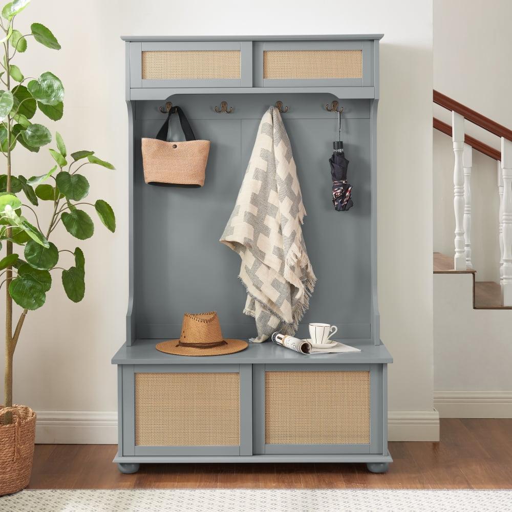 Casual Style Hall Tree Entryway Bench with Rattan Door Shelves and Shoe Cabinets