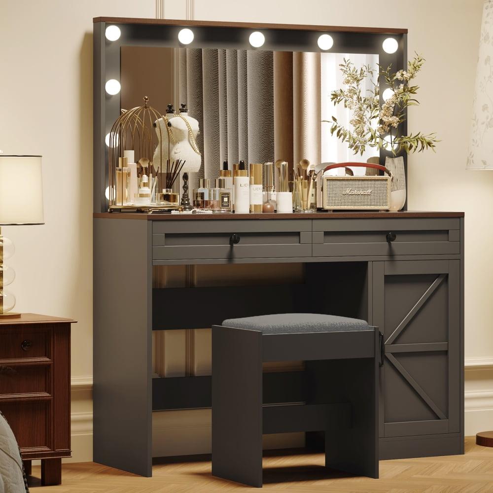 Makeup Vanity Table With Brightness Adjustable Large Mirror, 3 Drawers, Stool And A Cabinet