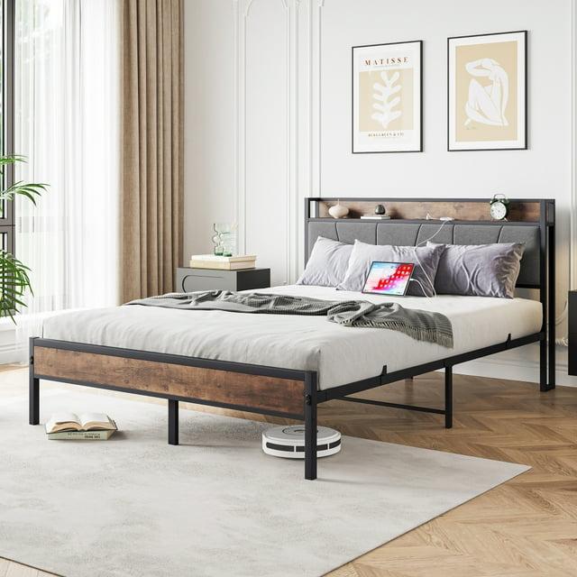 Tcbosik Metal Bed Frame Queen Size with Charging Station, Platform Bed with Upholstered Headboard, Noise-Free, No Box Spring Needed, Black & Brown