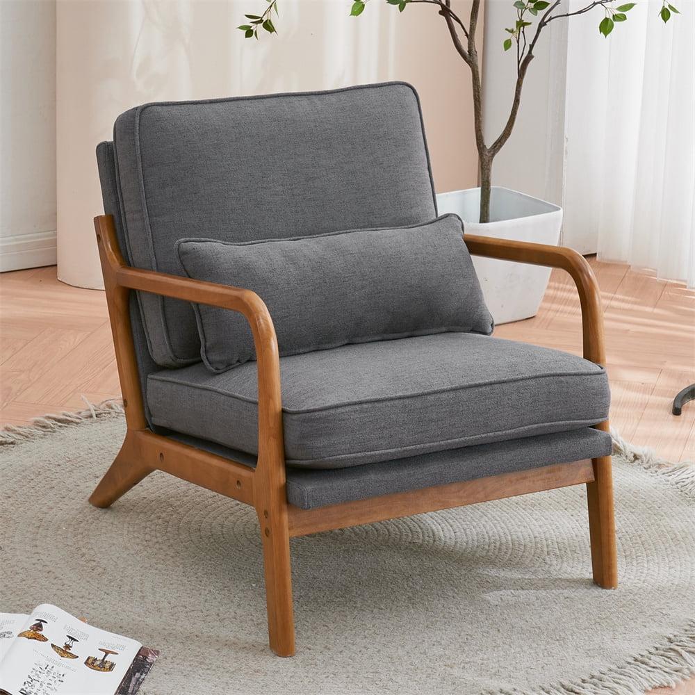 Accent Chair, Mid-Century Linen Fabric Upholstered Leisure Armchair with Lumbar Pillow and Solid Wood Legs, Comfy Single Sofa Chair Reading Chair for Living Room Bedroom Office, Dark Grey