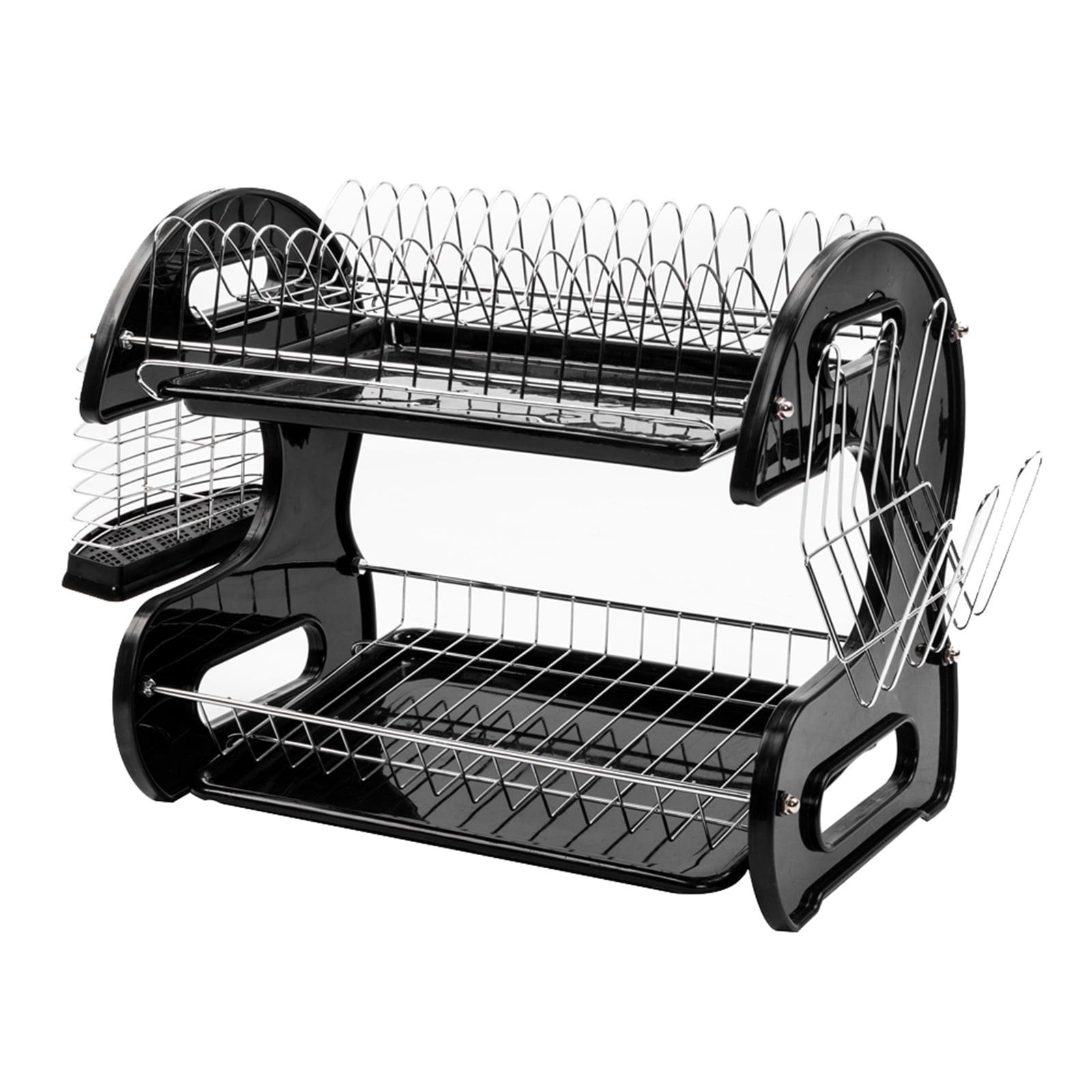 Black Dual Layer Metal Dish Rack with Cutlery Holder