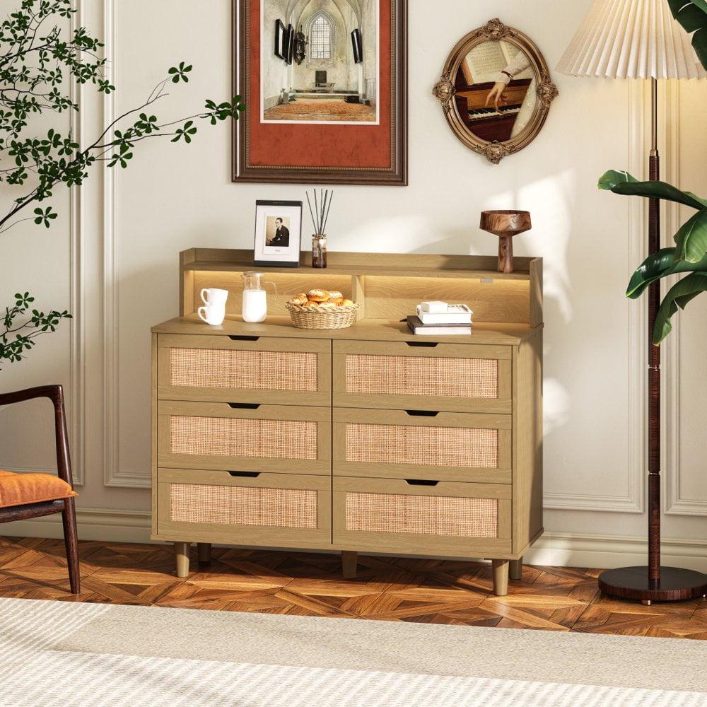 Rattan 6-Drawers Storage Cabinet, 43.31" Dresser with LED Lights and Power Outlet for Entryway, Living Room, Bedroom,Natural