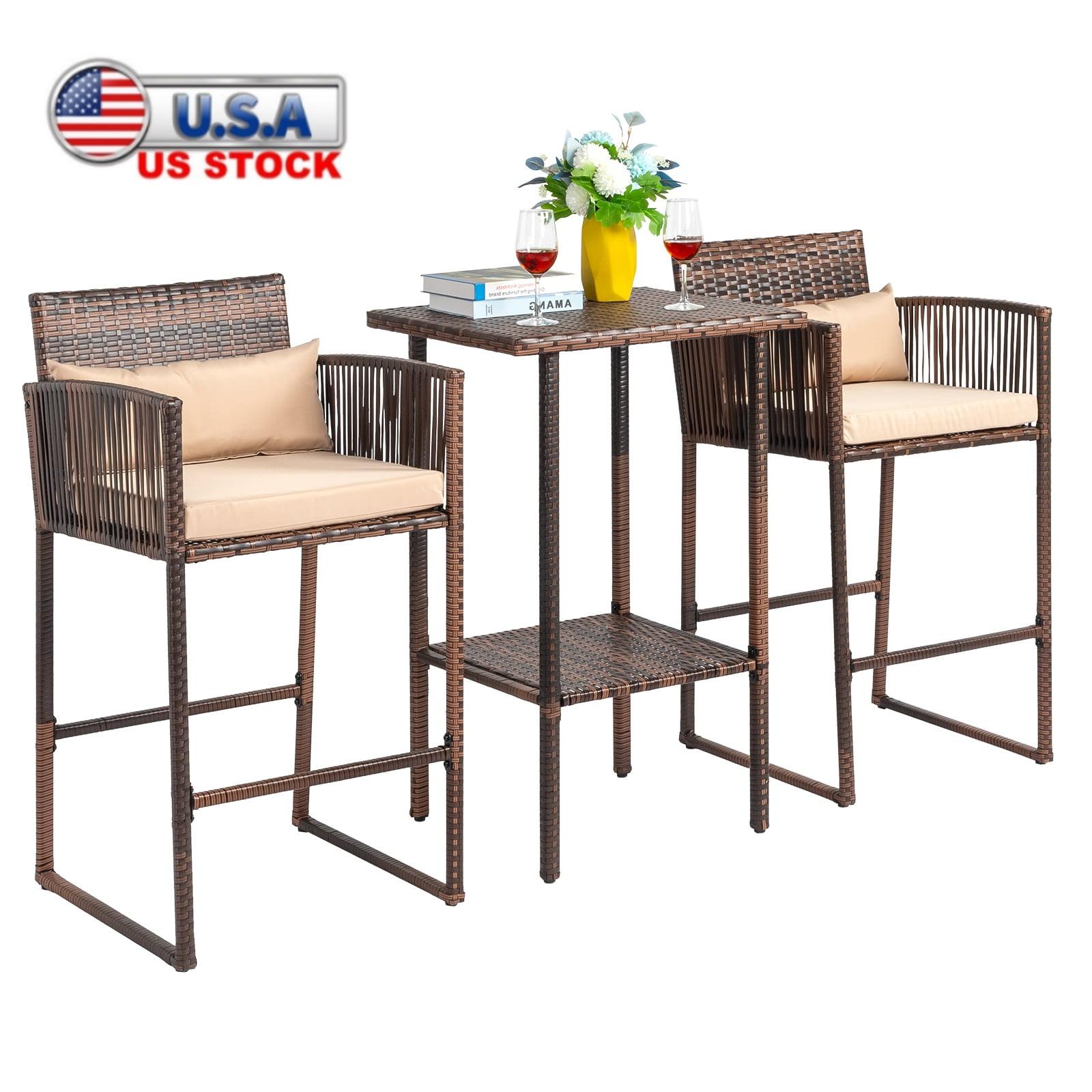 Tcbosik Outdoor 3 Piece Patio Bar Set, Rattan High Bar Stools for 2 with Cushions, Armrest and Backrest, Wicker Bar Table with Storage Shelf, Brown