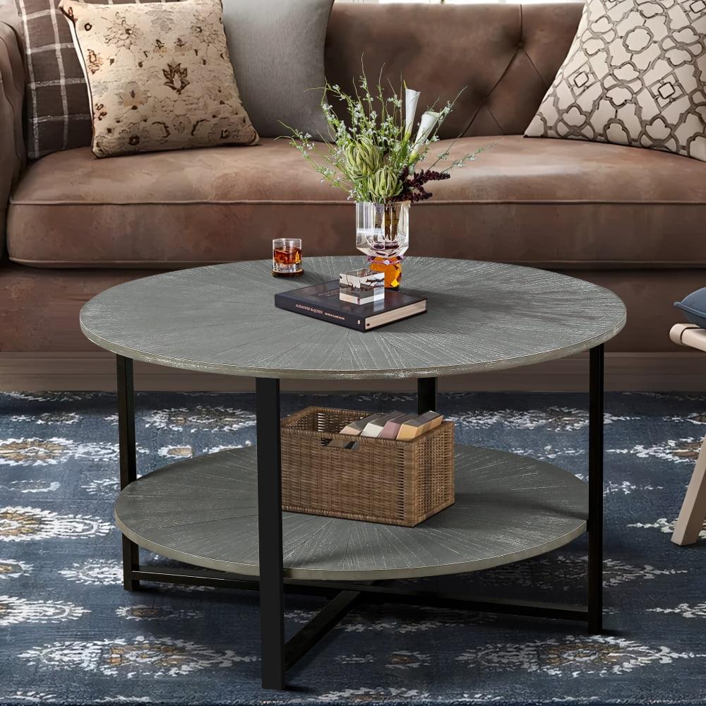 31.5"D X 31.5''W X 18.3''H  Round Coffee Table With 2-Tier Storage, Farmhouse Living Room Cocktail Table With Metal Leg