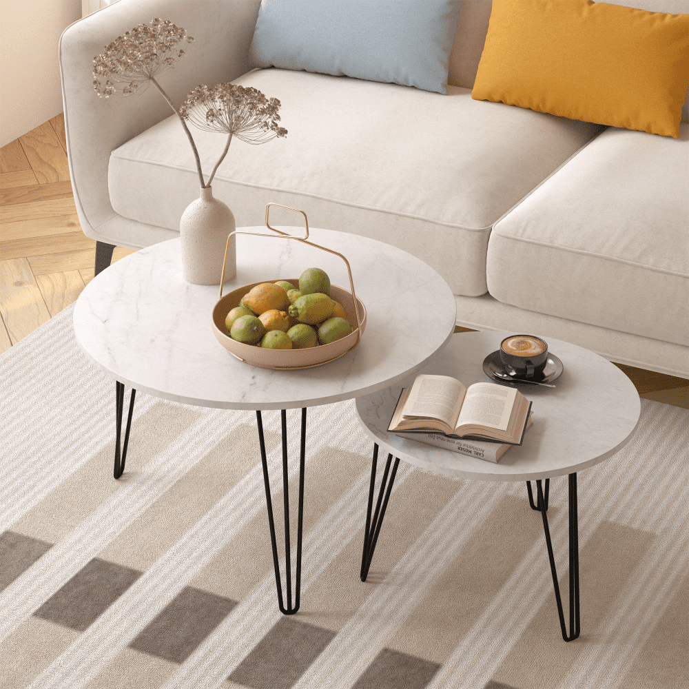 White Faux Marble Round Nesting Coffee Table Set with Metal Legs