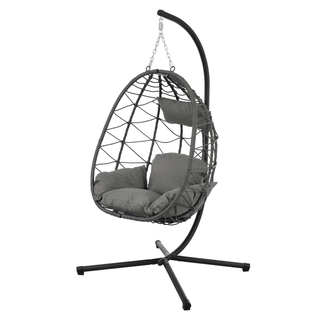 Tcbosik Swing Egg Chair with Stand, Indoor Outdoor Hanging Chair with Cushion for Bedroom Balcony Patio Garden, Easy to Assemble, Dark Grey