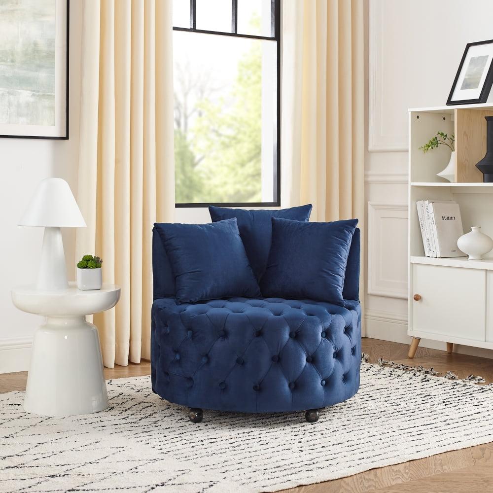 Velvet Upholstered Swivel Chair with 4 Universal Caster Wheels, Wooden Button Tufted Design Single Sofa Chair with 3 Pillows for Apartment, Office, Living Room & Bedroom (Blue)