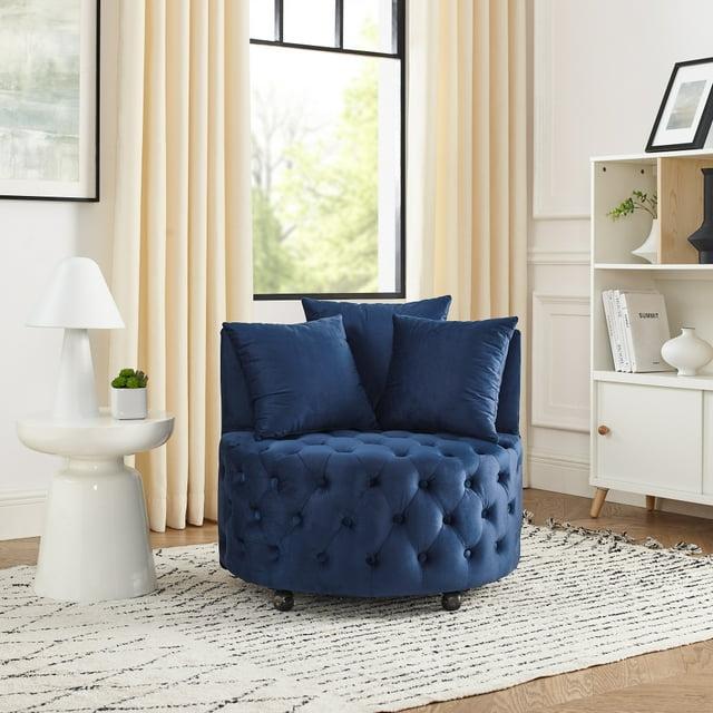 Velvet Upholstered Swivel Chair with 4 Universal Caster Wheels, Wooden Button Tufted Design Single Sofa Chair with 3 Pillows for Apartment, Office, Living Room & Bedroom (Blue)