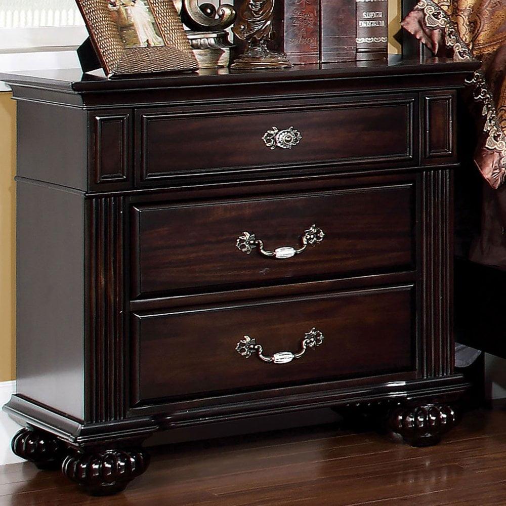 Elegant Dark Walnut 3-Drawer Nightstand with Antique Brass Handles