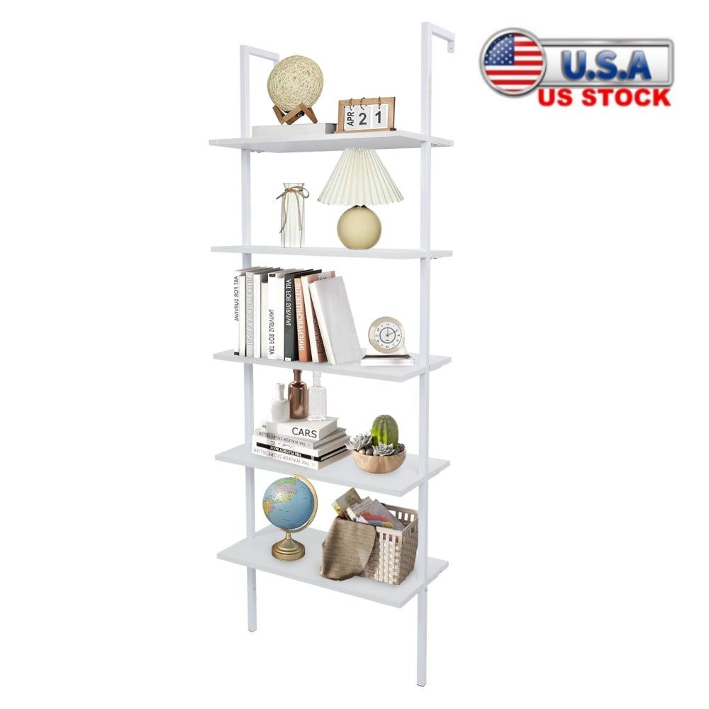 Tcbosik 5-Tiers Ladder Bookshelf Wall-Mounted Bookcase Storage Display Rack with Metal Frame, White