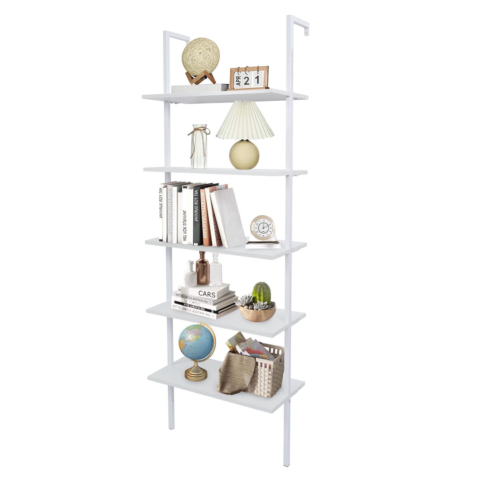 White Adjustable 5-Tier Wood Ladder Bookshelf