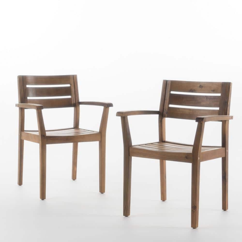 Teak Brown Wood Slatted Outdoor Dining Armchair Set